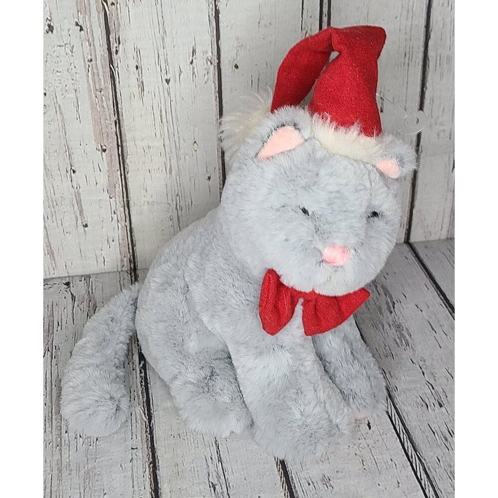 8" Pier 1 Imports Milo Gray Kitty Cat Plush Christmas Santa Hat Red Bow Holiday